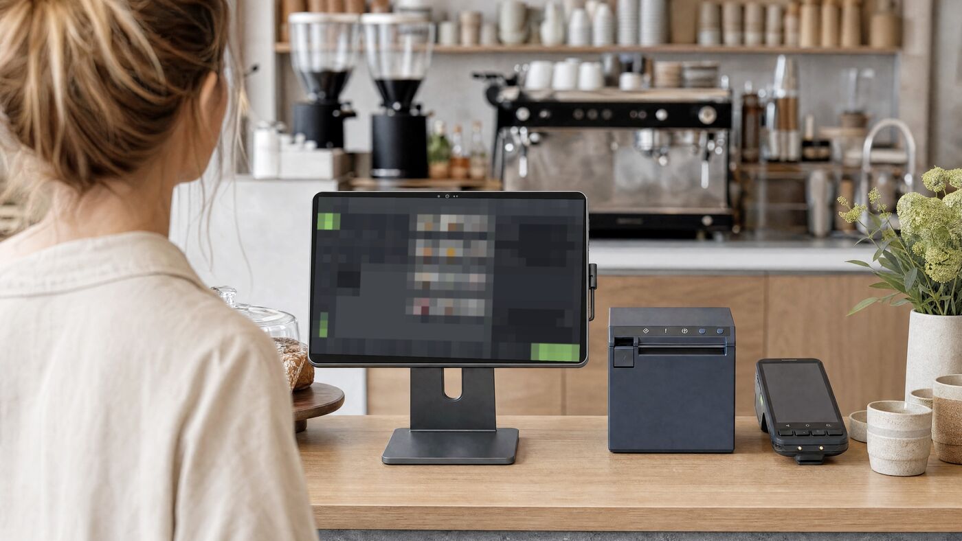 Customer at a counter with a Confirma PAY terminal